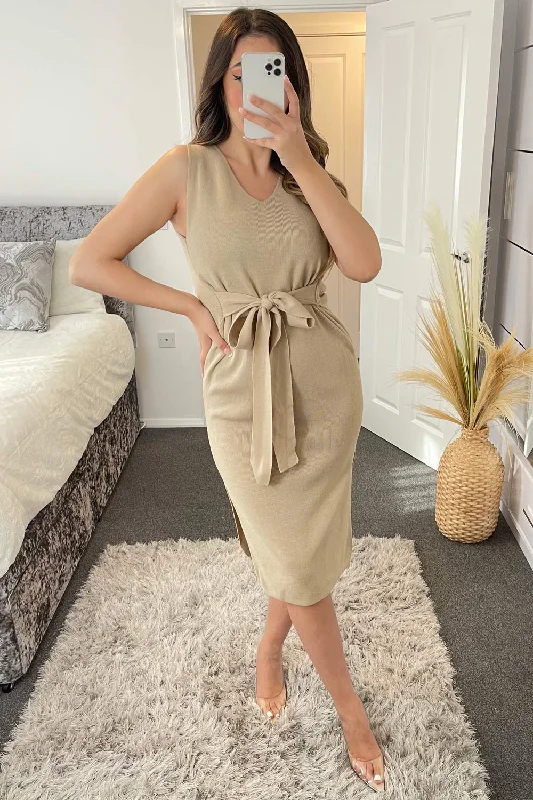 Ella Beige Tie Waist Side Slit Knit Midi Dress