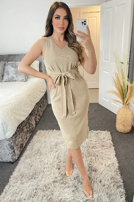 Ella Beige Tie Waist Side Slit Knit Midi Dress