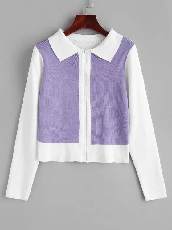 Two Tone Bicolor Zip Up Knit Cardigan for Women