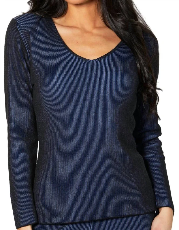 Two Tone Ribbed V-Neck Top In Cadet