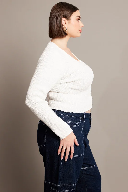 White Knit Cardigan Long Sleeve V-neck