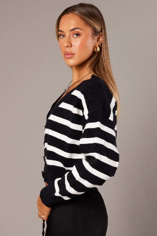 White Stripe Cardigan Long Sleeve V Neck Oversized Fit