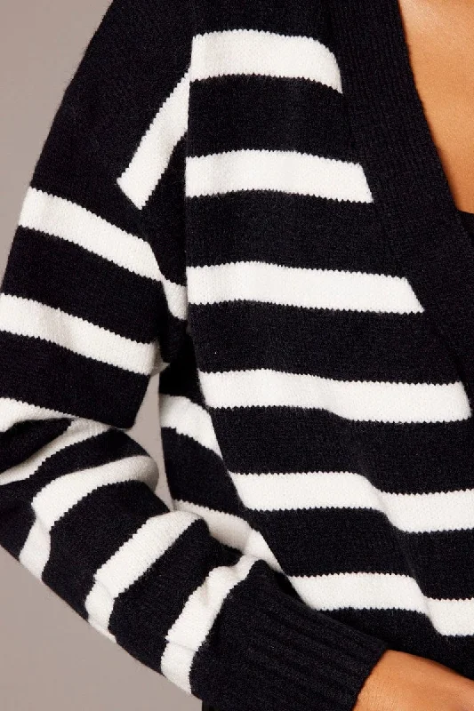 White Stripe Cardigan Long Sleeve V Neck Oversized Fit