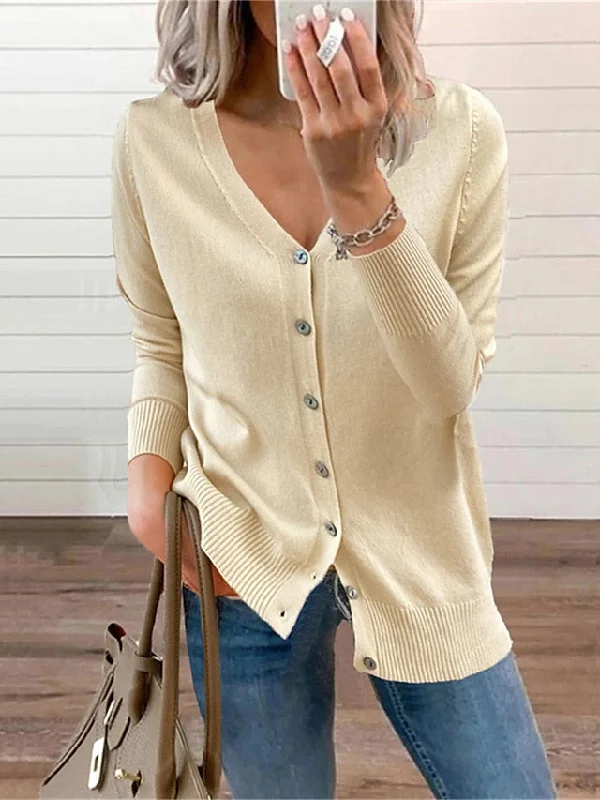 Women's Cardigan Sweater Jumper Ribbed Knit Button Solid Color V Neck Stylish Casual Outdoor Daily Summer Spring Black