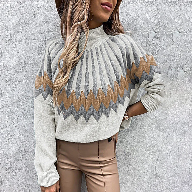 Women's Printed Turtleneck Long Sleeve Loose Casual Sweaters