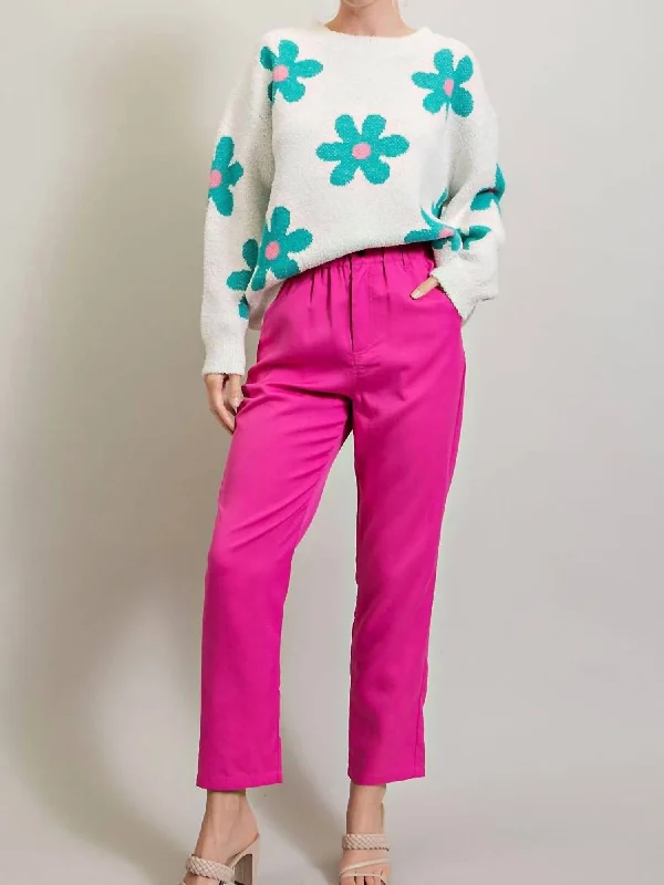 Women's Sweater With Teal And Pink All Over Floral Print In Off White