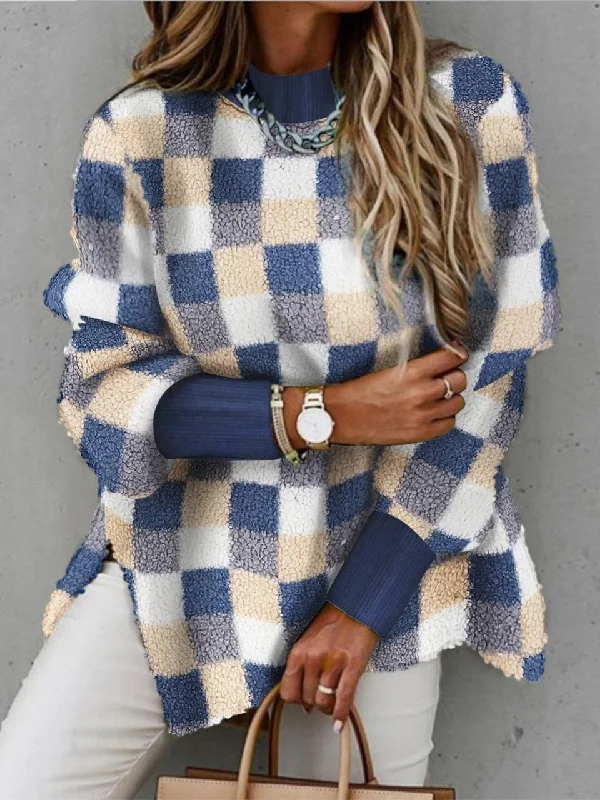 Women's Sweaters Fashion Plaid Half High Neck Long Sleeve Split Sweater