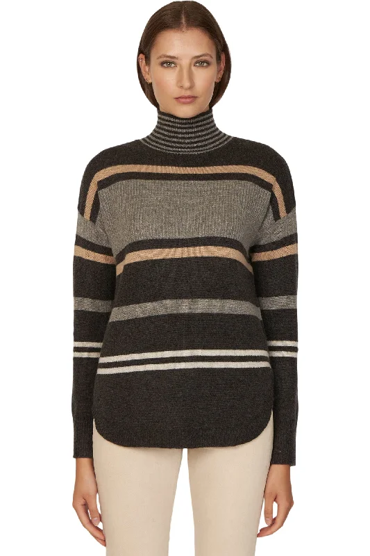 Autumn Cashmere Striped Mock w/ Shirttail in Pepper Combo