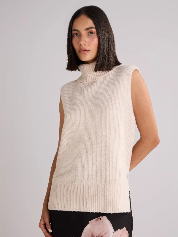 Beige Sleeveless High Neck Jumper