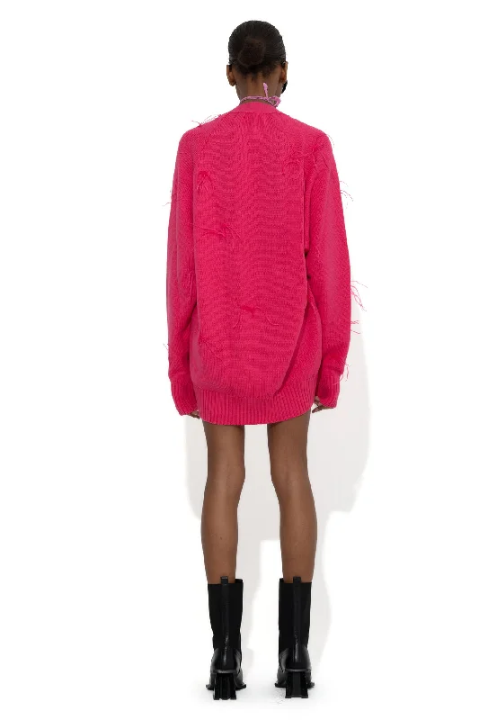 BRIGHT PINK MERINO WOOL OVERSIZE CARDIGAN WITH FEATHERS