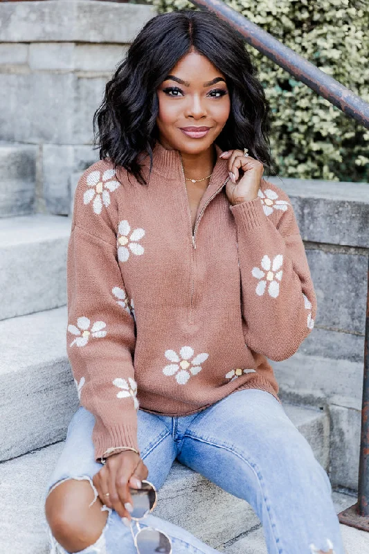 Make It Count Brown Flower Printed Quarter Zip Pullover