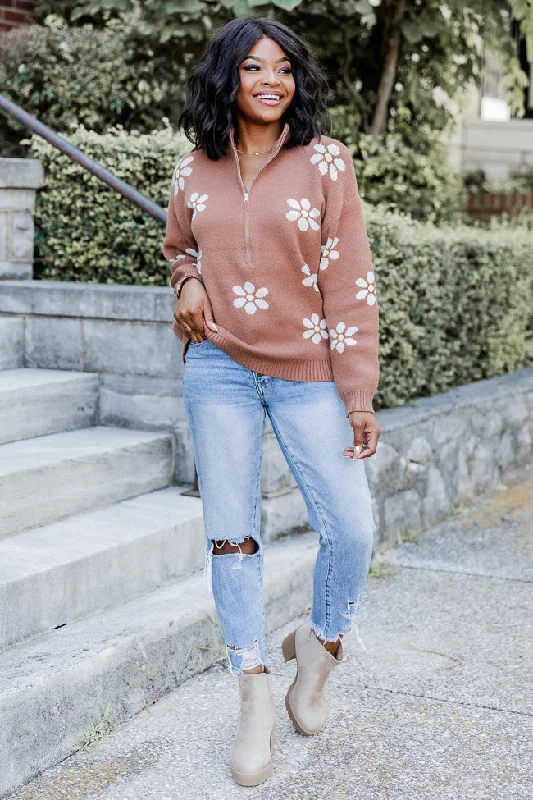 Make It Count Brown Flower Printed Quarter Zip Pullover