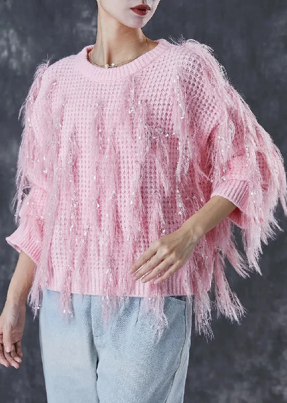 Pink Tasseled Sequins Knit Sweater