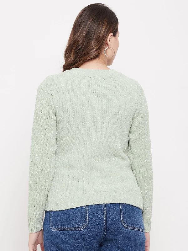 Madame Solid Mint Green Crew Neck Sweater