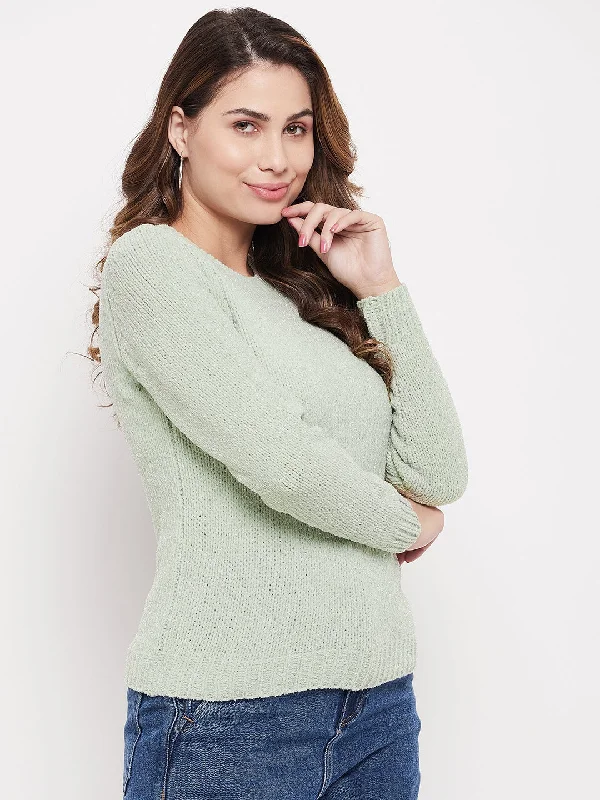 Madame Solid Mint Green Crew Neck Sweater