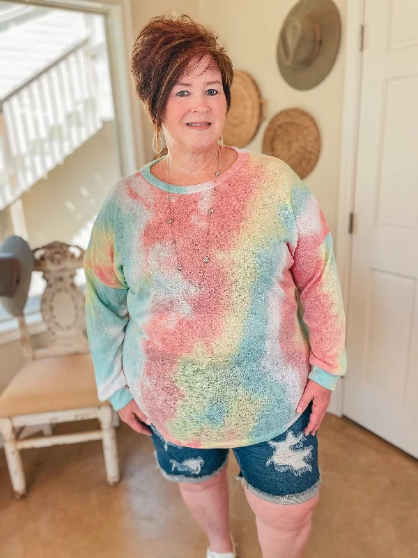 Last Chance Size S/M & M/L | Lighten Up Tie Dye Long Sleeve Top in Mint and Coral