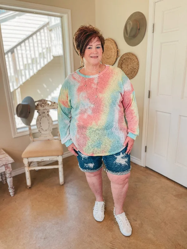 Last Chance Size S/M & M/L | Lighten Up Tie Dye Long Sleeve Top in Mint and Coral