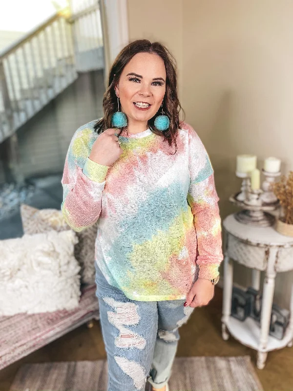 Last Chance Size S/M & M/L | Lighten Up Tie Dye Long Sleeve Top in Mint and Coral