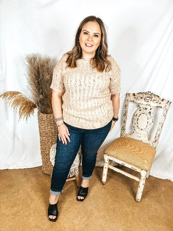 Day Date Short Sleeve Sweater with Scoop Neckline in Beige