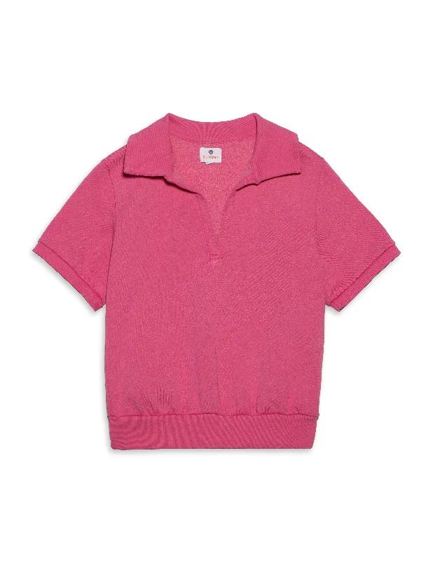 Sundry Short Sleeve Johnny Collar Sweatshirt in Magenta