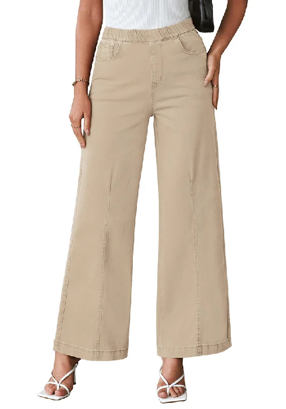 Beige Women's Stretchy Pull On Jeans High Waisted Denim Pants