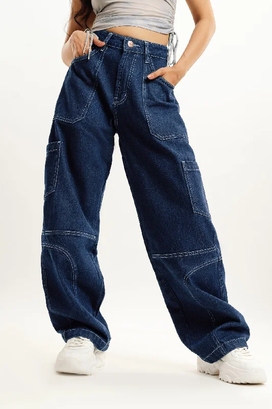 Blue Contrast Seam Cargo Jeans