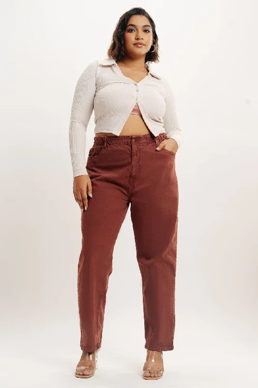 Curve Brown Elasticated Mom Jeans