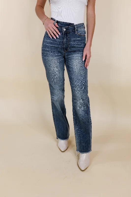 Last Chance Size 0, 1 & 22W | Judy Blue | Sure And Steady Criss-Cross Waistband Dad Jeans in Medium Wash