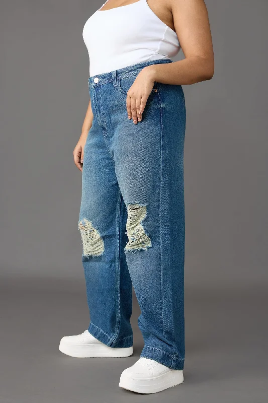 Midday Muse Blue Distressed Straight Jeans Curve