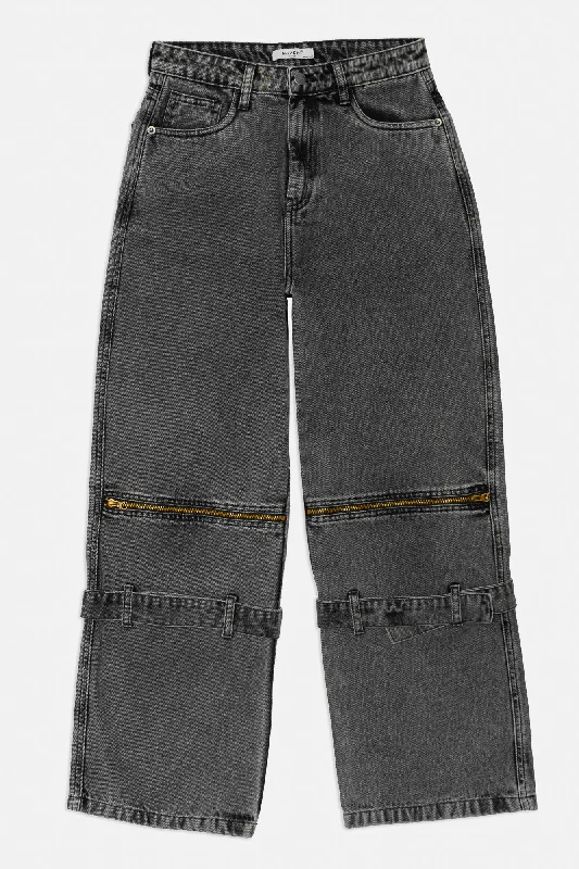 Denim Charcoal Open Zip Straight Fit Pants