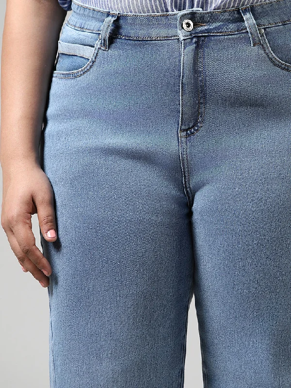 Gia Light Blue Seam Detail Wide Leg - Fit Mid - Rise Denim Jeans