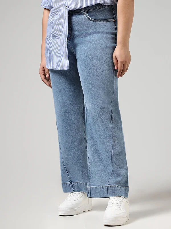 Gia Light Blue Seam Detail Wide Leg - Fit Mid - Rise Denim Jeans