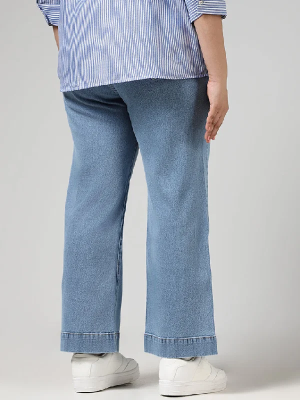 Gia Light Blue Seam Detail Wide Leg - Fit Mid - Rise Denim Jeans