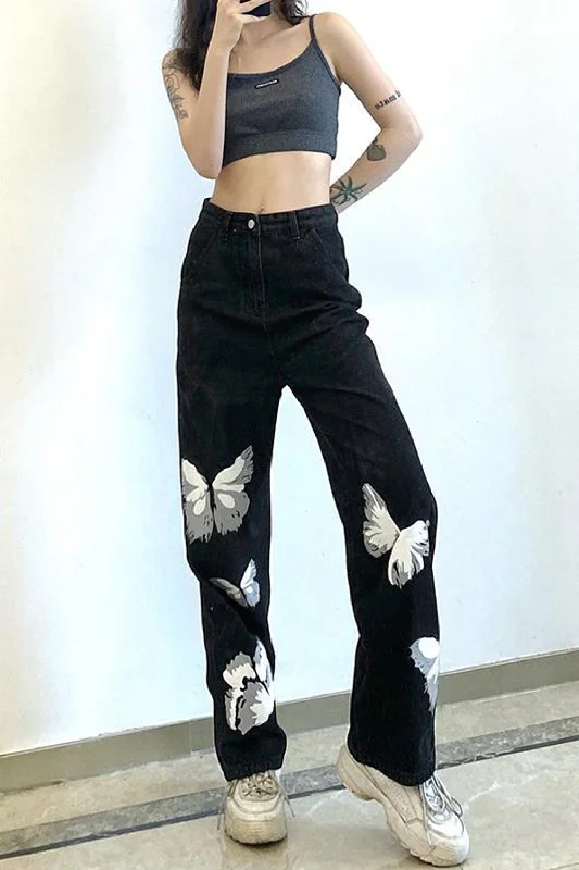 KittenAlarm - High Waist Butterfly Pattern Black Jeans Pants