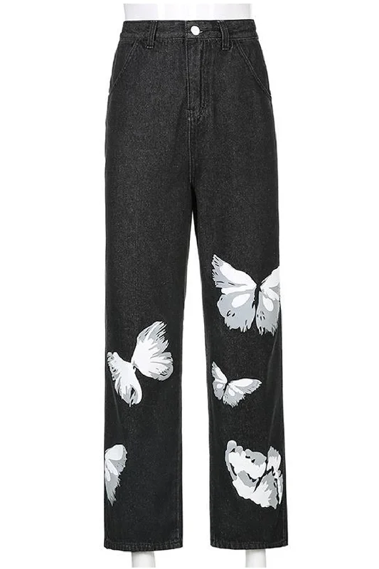 KittenAlarm - High Waist Butterfly Pattern Black Jeans Pants