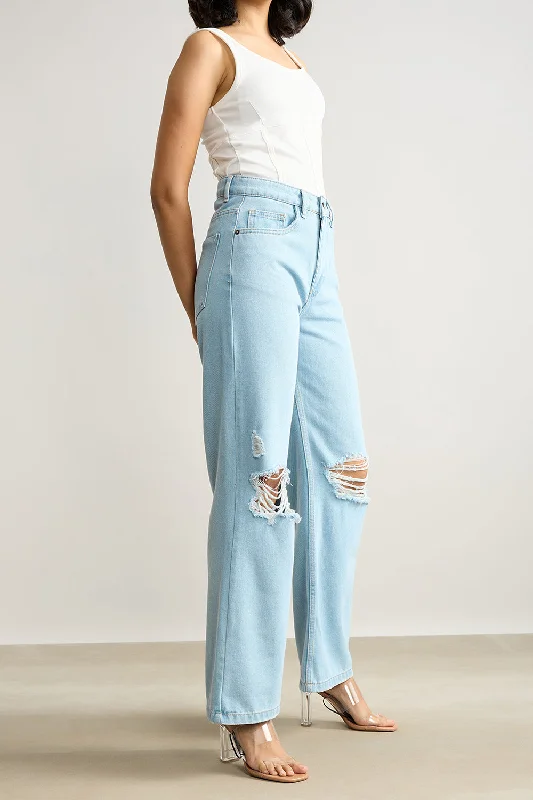 High Waisted Distressed Light Blue Jeans