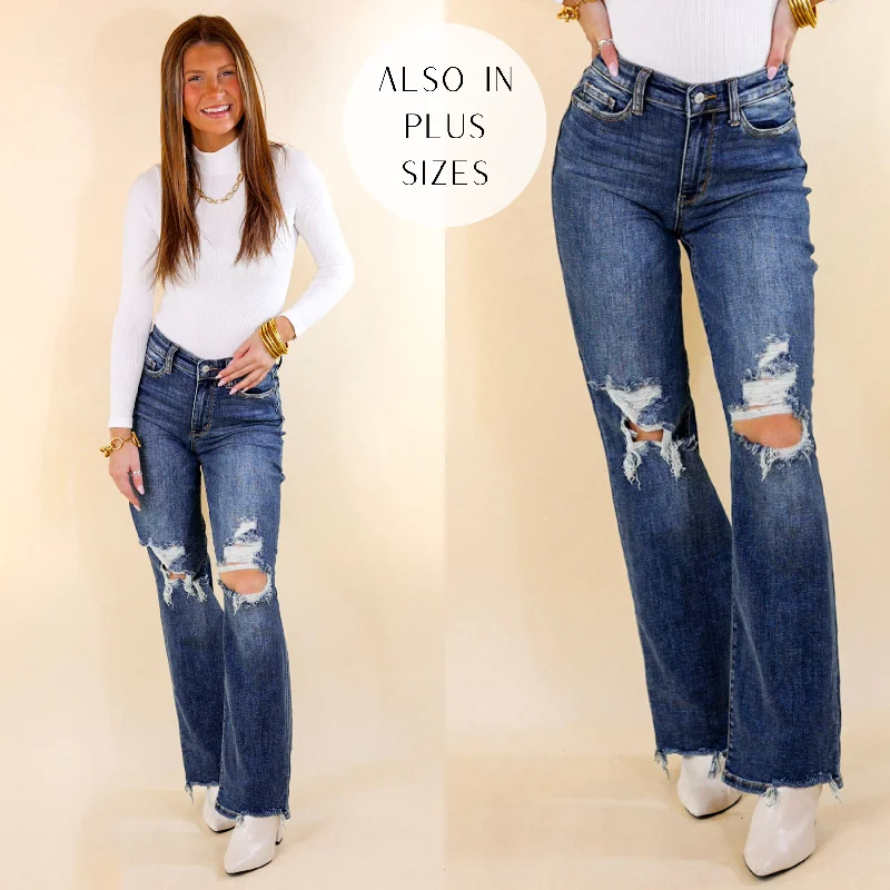 Judy Blue | Afternoon Date 90's Knee Destroy Straight Leg Jeans in Dark Wash