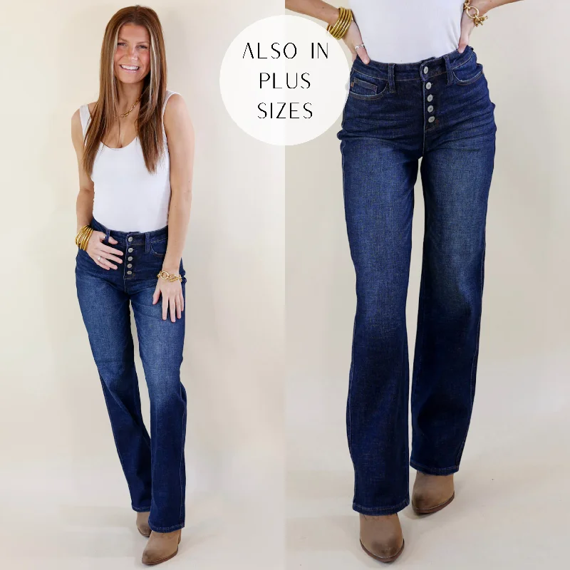 Last Chance Size 0, 1, 20W, 22W & 24W | Judy Blue | Bonfire Nights Button Fly Straight Leg Jeans in Dark Wash