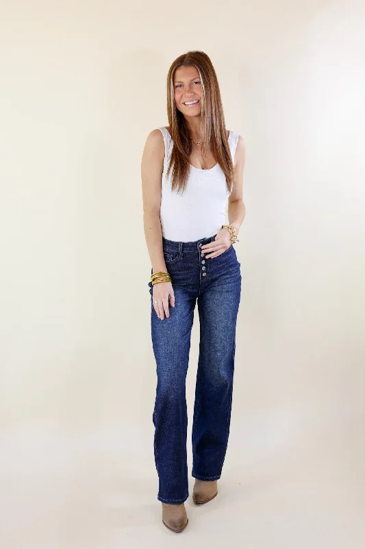 Last Chance Size 0, 1, 20W, 22W & 24W | Judy Blue | Bonfire Nights Button Fly Straight Leg Jeans in Dark Wash