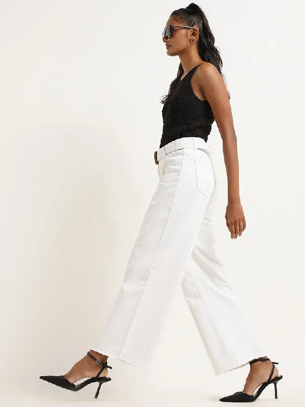 LOV White Wide Leg Fit Mid Rise Jeans with Belt