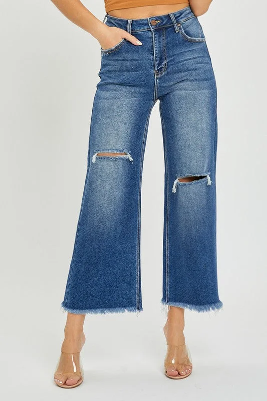 MARYN HIGH RISE FRAYED ANKLE WIDE JEANS