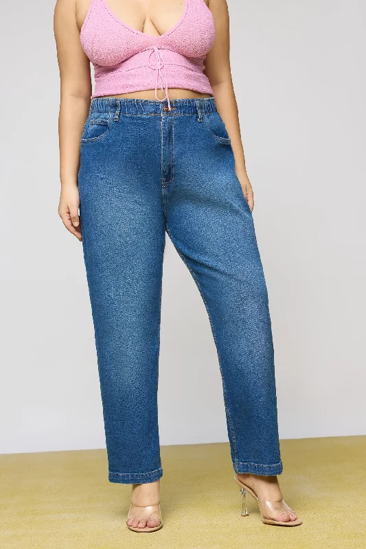 Mid Blue Leisure Elasticated Curve Mom Fit Jeans