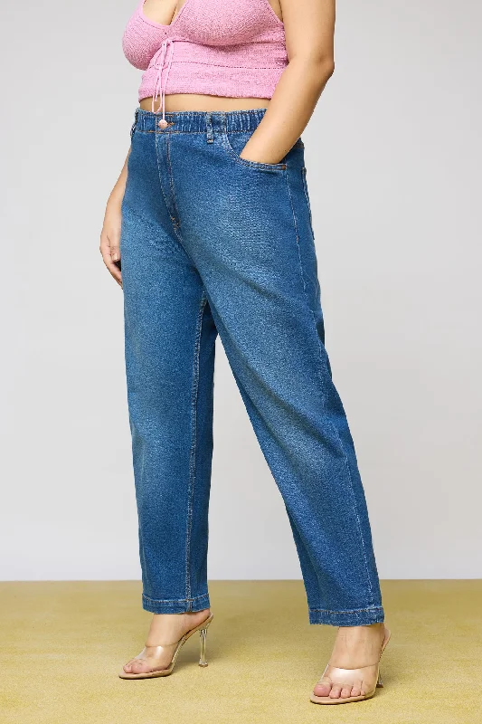 Mid Blue Leisure Elasticated Curve Mom Fit Jeans