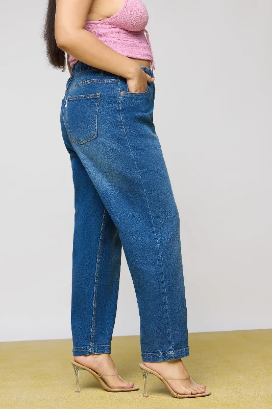 Mid Blue Leisure Elasticated Curve Mom Fit Jeans