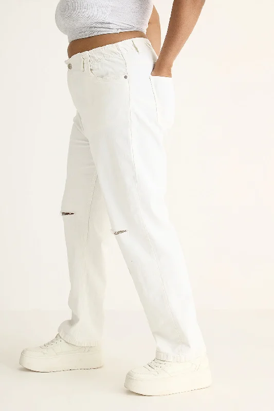 Pearl White Torn Knee Mom Jeans