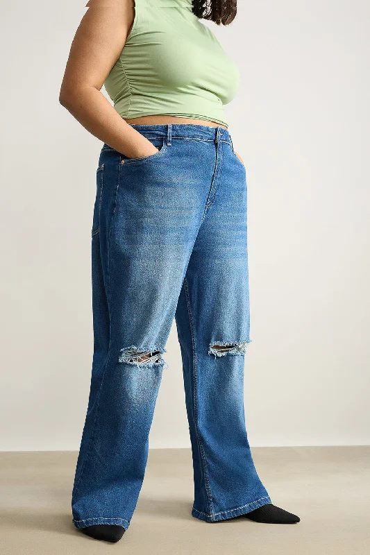 Wide Fit Distressed Blue Stone Jeans