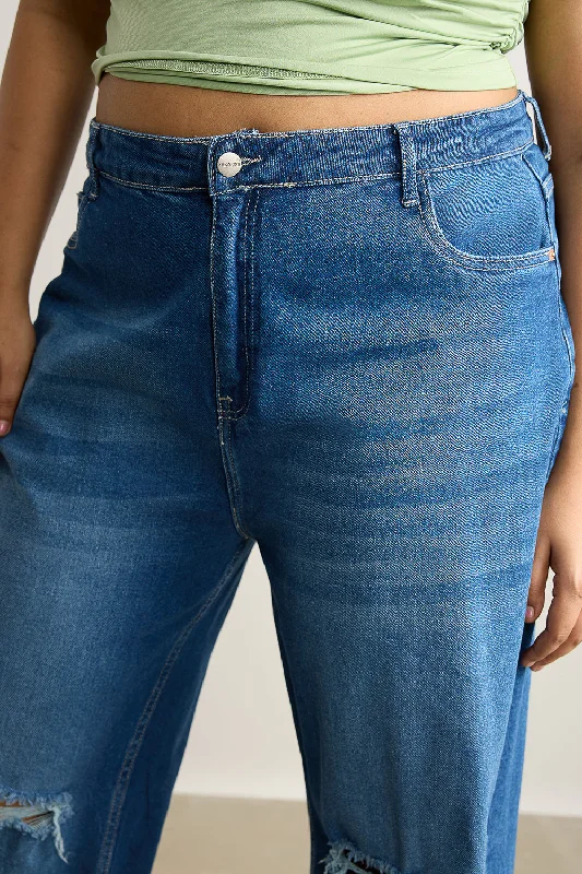 Wide Fit Distressed Blue Stone Jeans