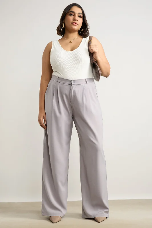 Light Grey Pleated Straight Fit Curve Korean Pant