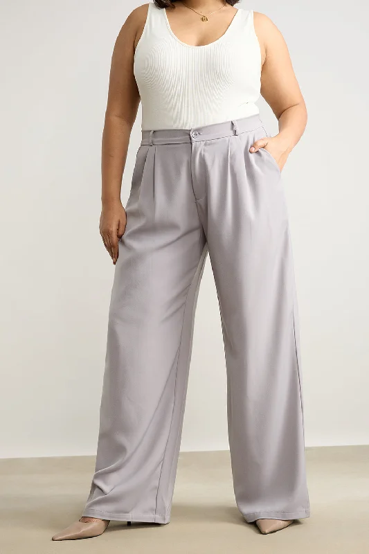 Light Grey Pleated Straight Fit Curve Korean Pant