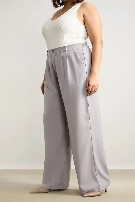 Light Grey Pleated Straight Fit Curve Korean Pant